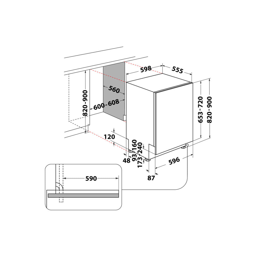 Diagramma con dimensioni per una lavastoviglie a incasso, che mostra le misure in cm.