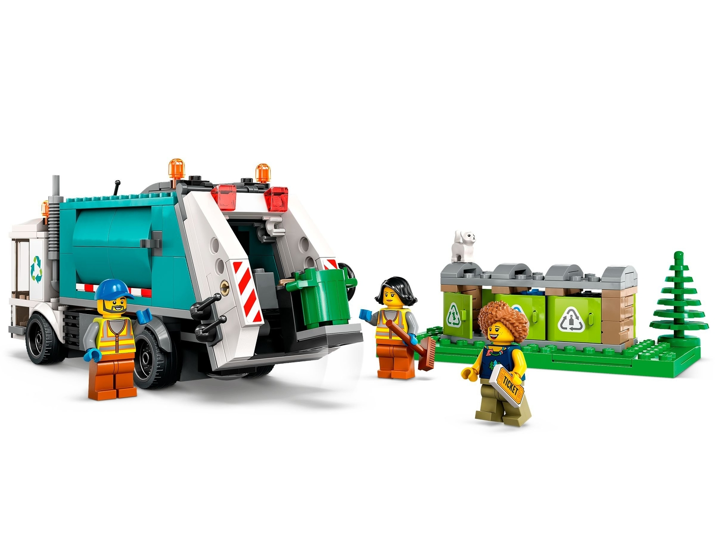 LEGO City Set mit Müllwagen, drei Minifiguren und einer Recyclingstation. Weißer Hintergrund.