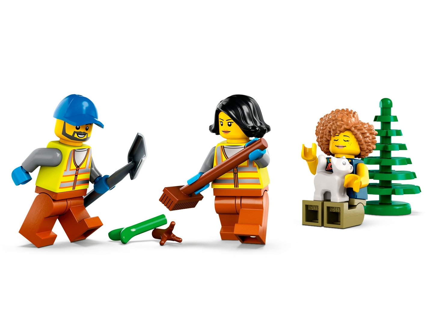 Lego-Minifiguren: zwei Arbeiter und eine Frau mit Ziege und Baum.