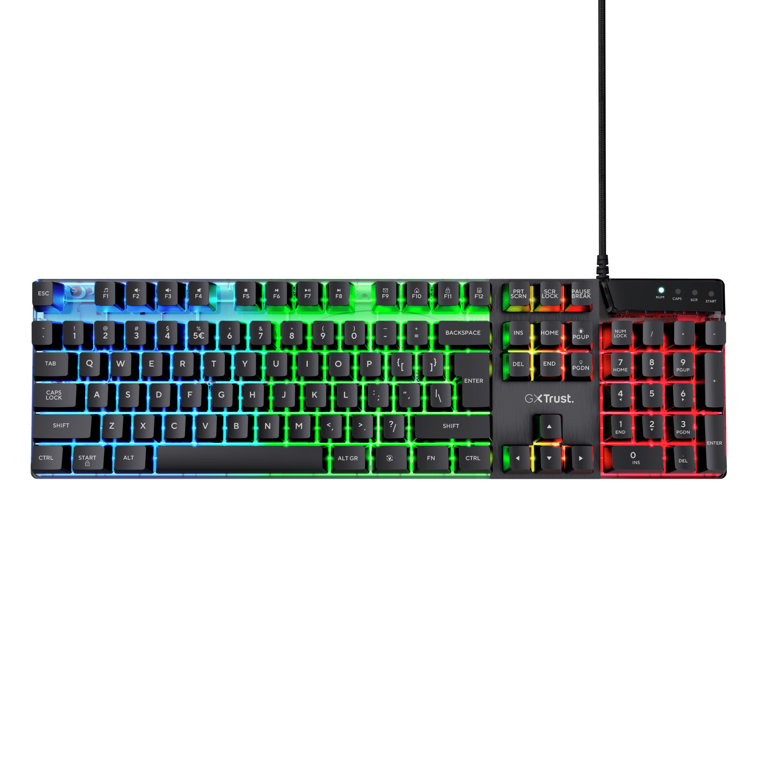 Czarna klawiatura z kolorowymi podświetlanymi klawiszami. Kabel USB wychodzi z klawiatury.