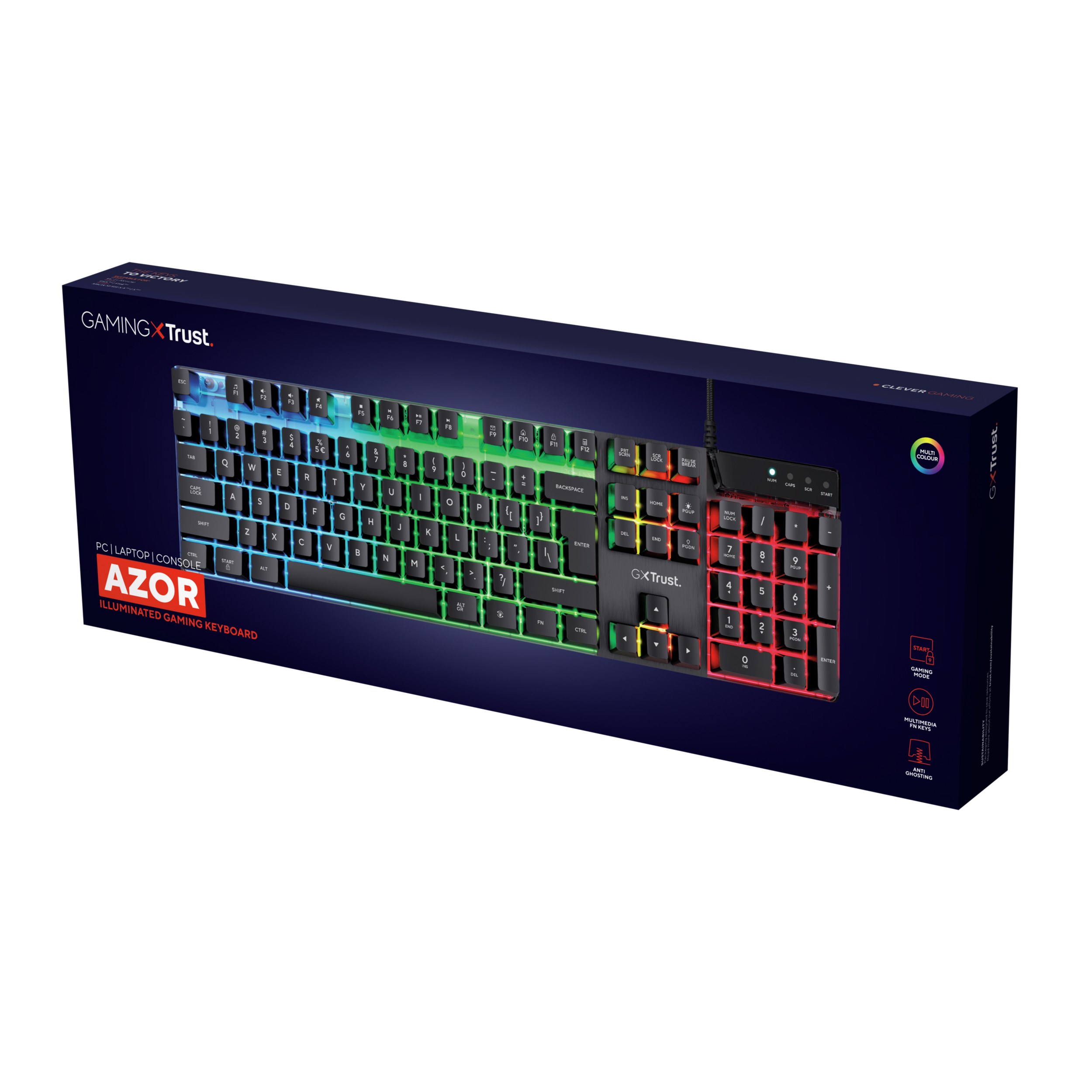 Klawiatura w pudełku, podświetlane klawisze. Czarne tło. Klawisze RGB. Logo Trust. Białe tło.