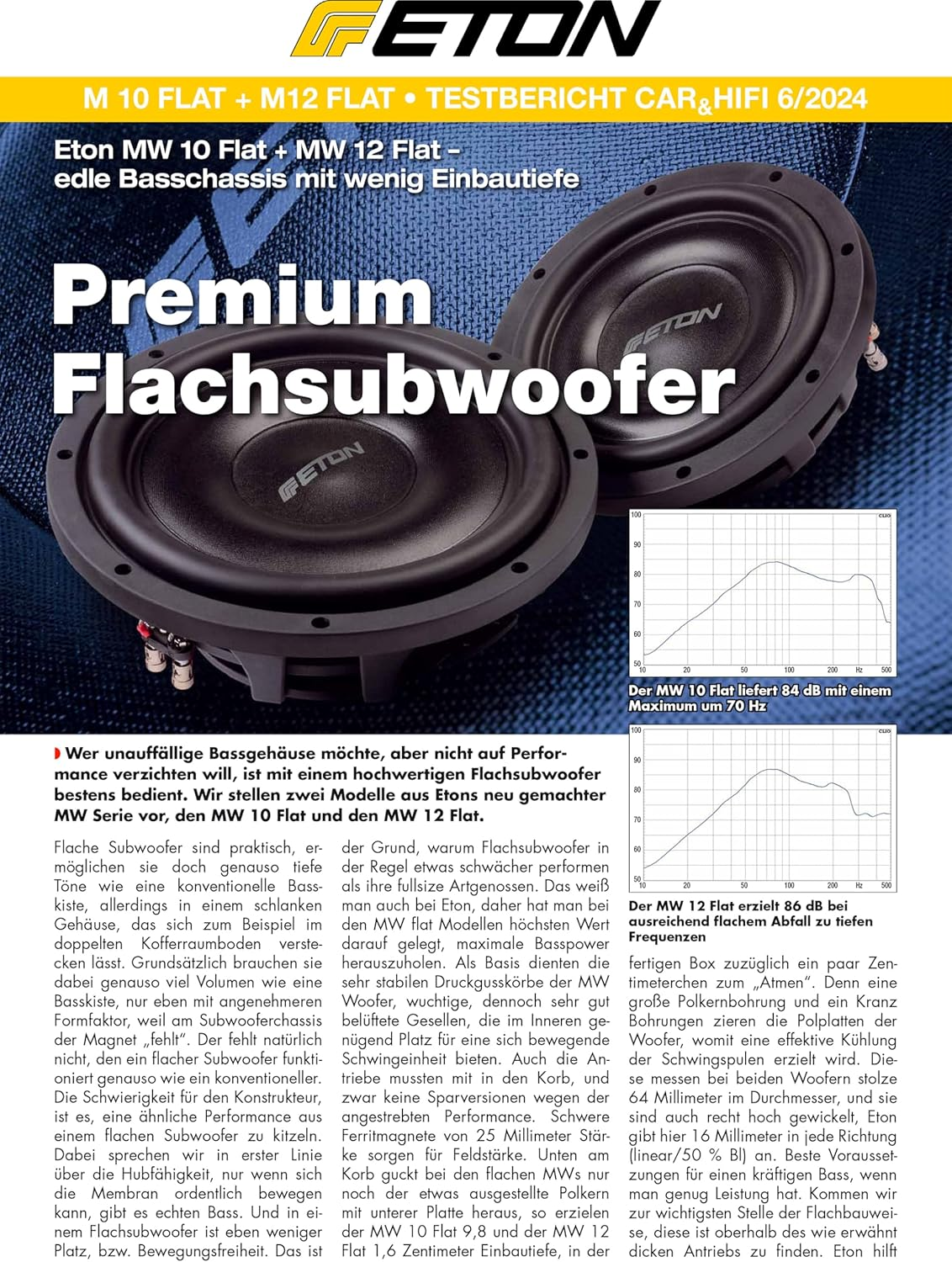 Gedruckte Seite mit dem Bild eines Subwoofers, Diagrammen und Text auf Deutsch. Weißer Hintergrund.