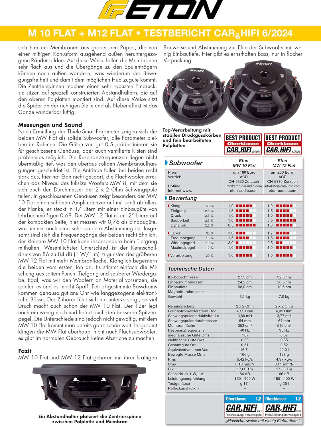 Ein detailliertes Produktblatt mit technischen Daten eines Subwoofers, mit Nahaufnahmen des Produkts.