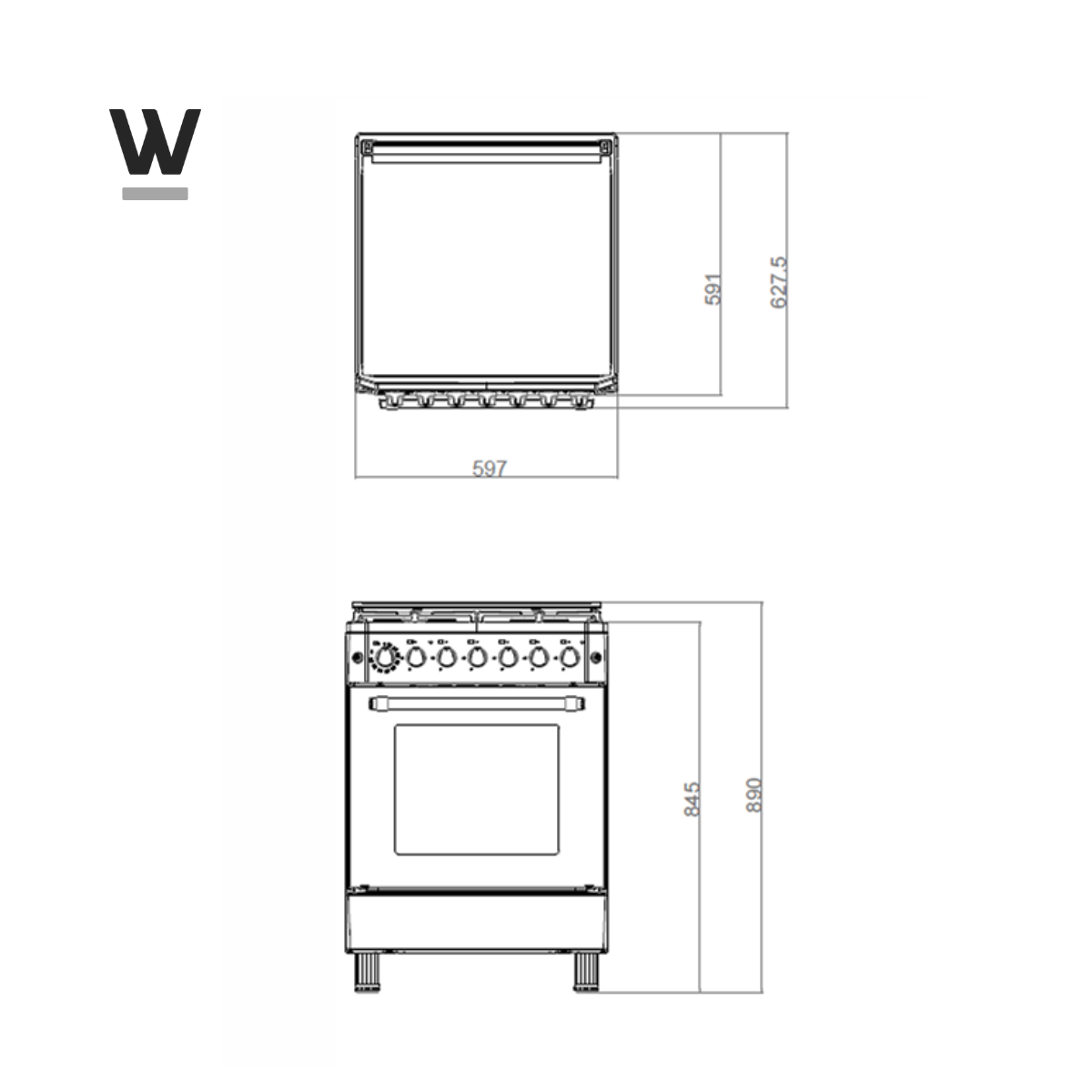 Technical drawing of a stove with dimensions and a 'W' logo in the top left corner.