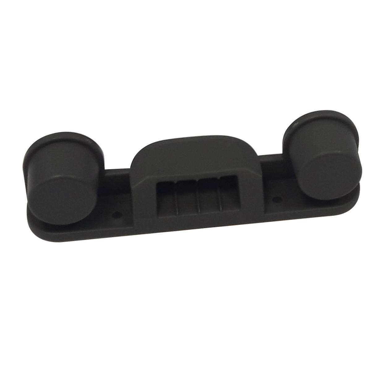 Portabicchieri in plastica grigio scuro con due portabicchieri. Sfondo bianco.