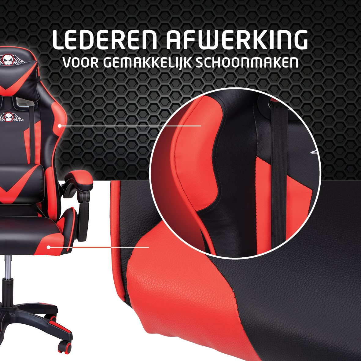 Een gamingstoel met rood en zwart design, met een close-up die de stiksels van het leer toont.