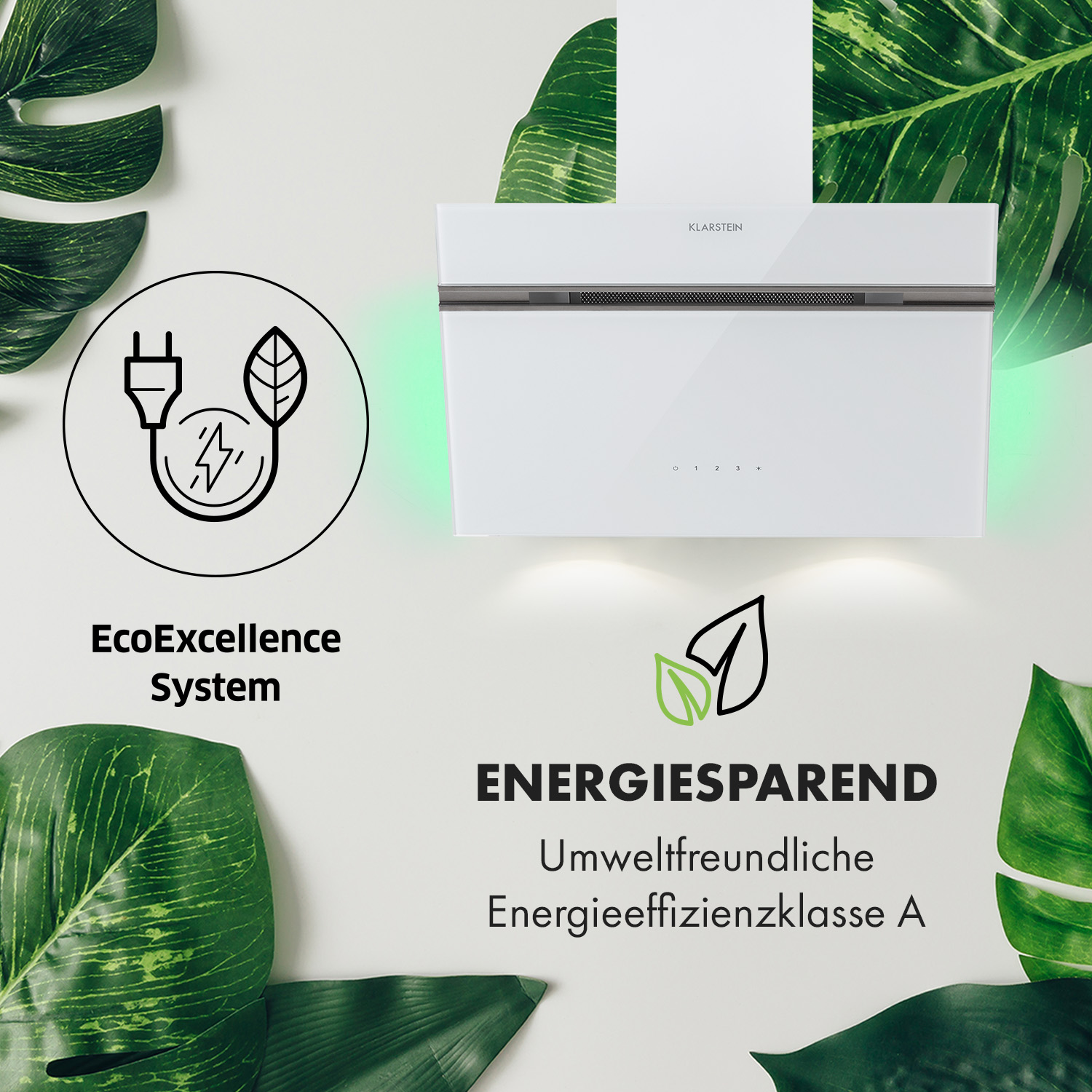 Weiße Küchenhaube mit grünen Lichtern. Text beschreibt EcoExcellence System und Energieeffizienz.