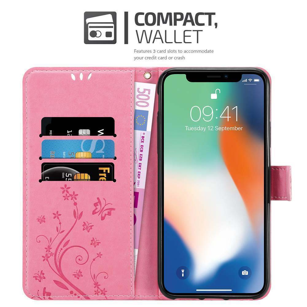 Custodia rosa per telefono con smartphone e carte. Design floreale e portafoglio.