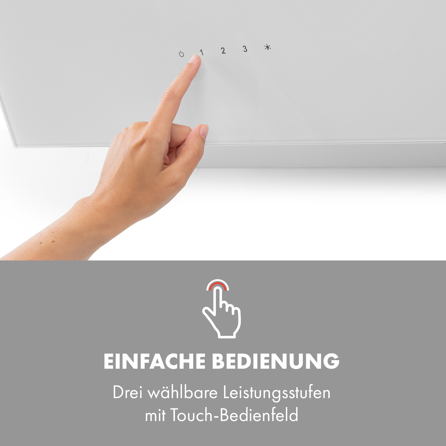 Eine Hand berührt ein Bedienfeld, mit dem Text 'Einfache Bedienung'.