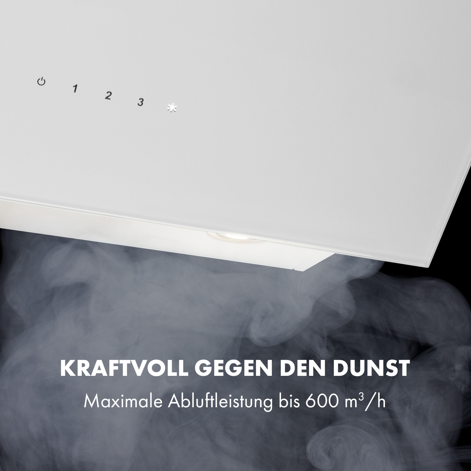 Eine weiße Dunstabzugshaube mit Bedienelementen und Text über ihre Leistung.