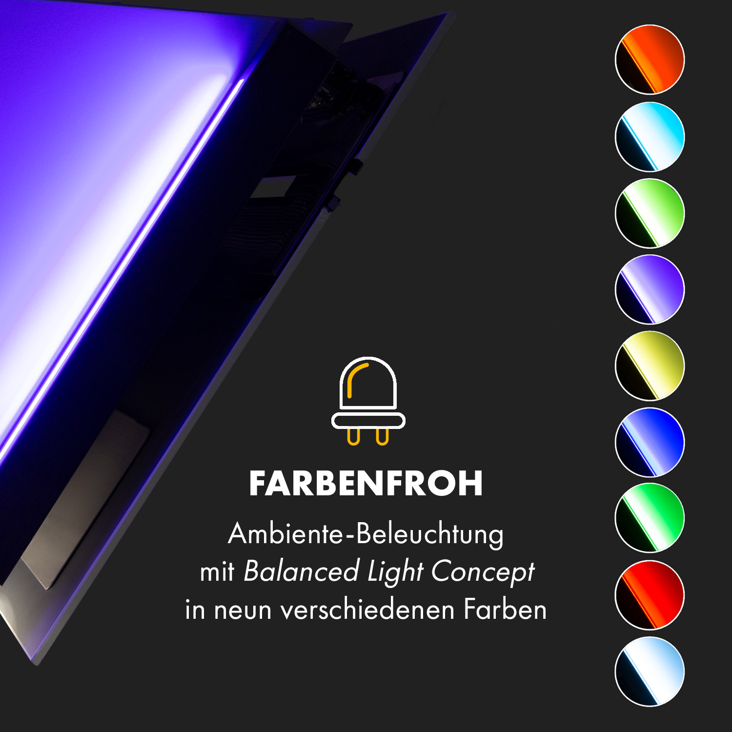 Modernes LED-Panel mit violettem Licht und Farbauswahl. Text: "FARBENFROH" und "Balanced Light Concept".