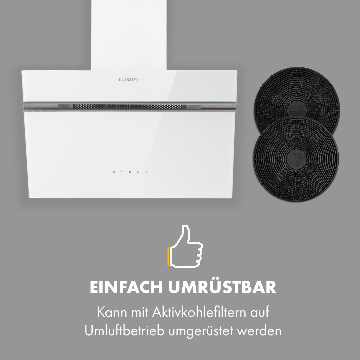 Weiße Dunstabzugshaube mit zwei schwarzen Filtern. Text: EINFACH UMRÜSTBAR, kann auf Umluft umgerüstet werden.
