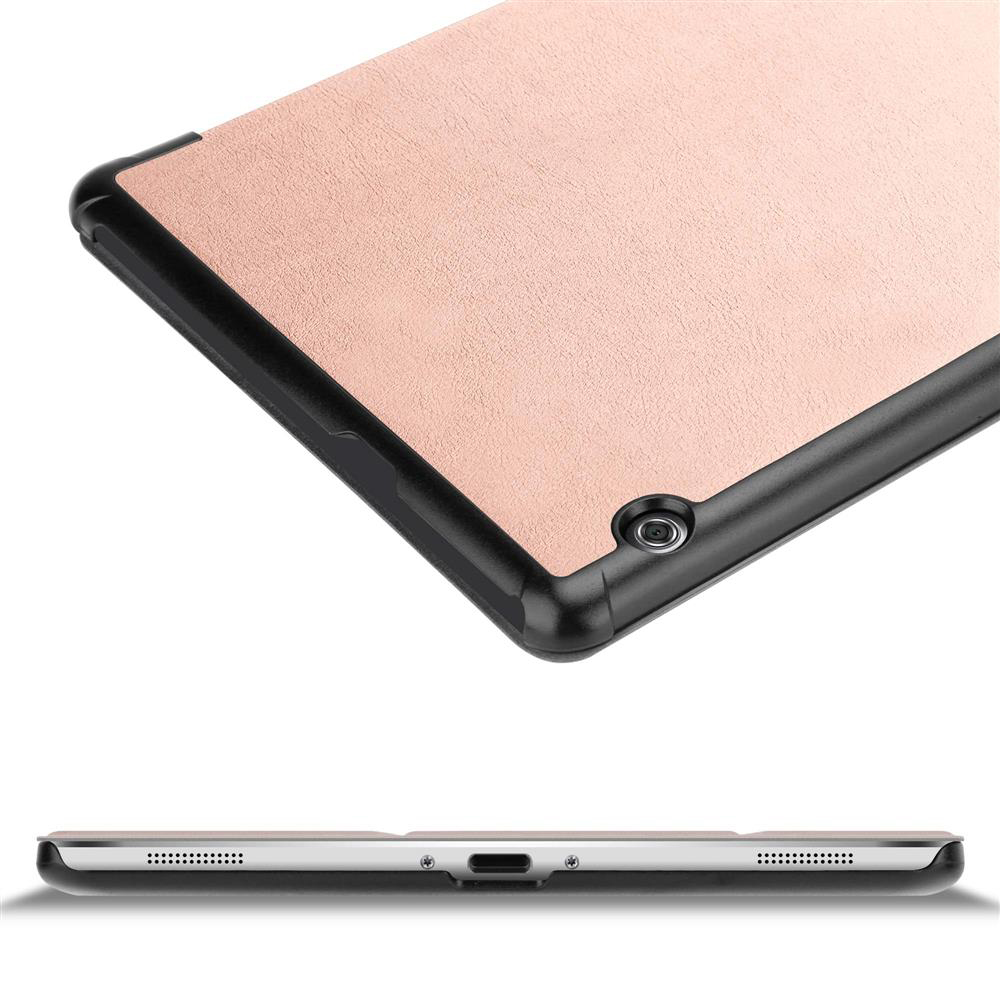 Tablet-Hülle mit rosafarbenem Oberteil und schwarzem Rahmen. Die Unterseite hat einen Anschluss.