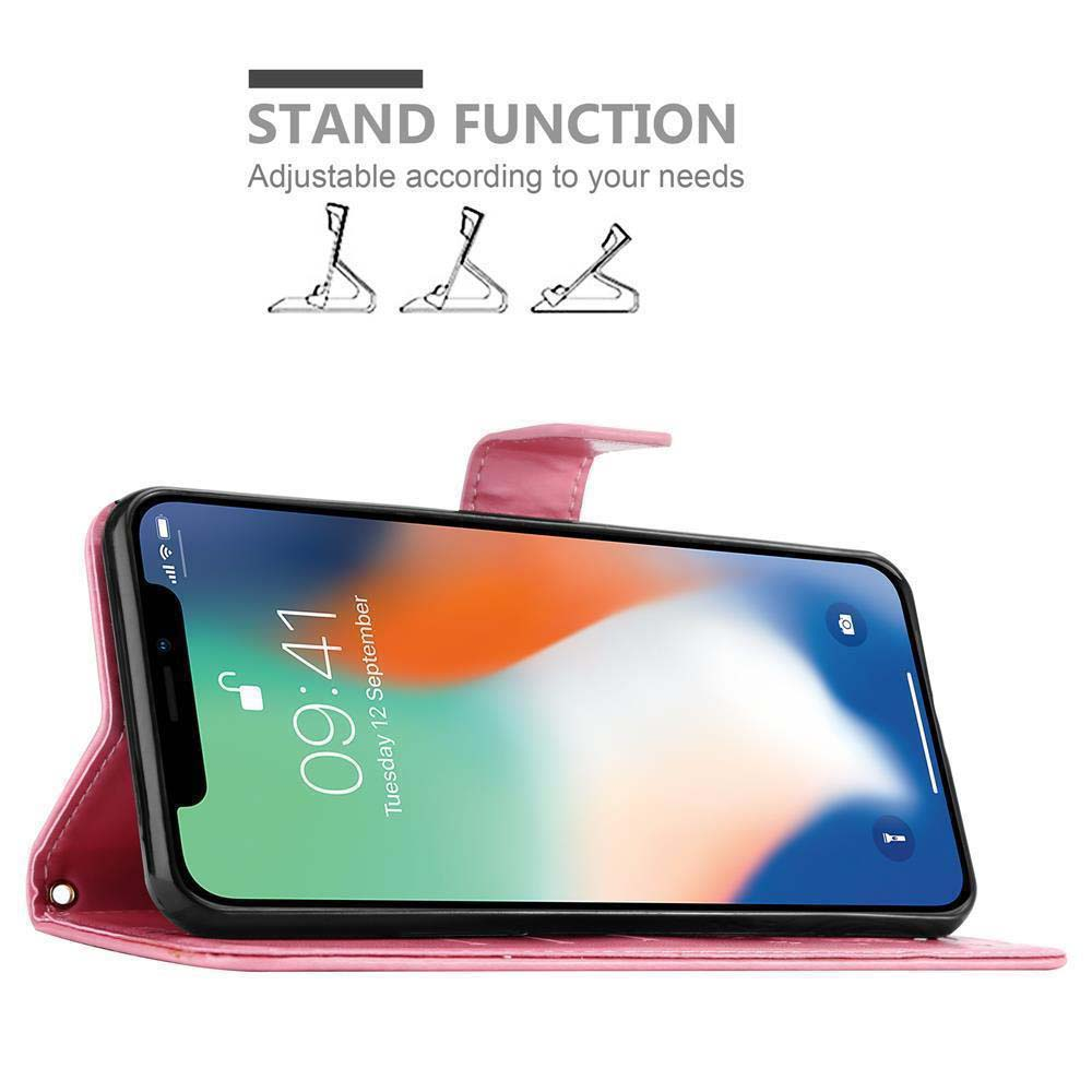 Una custodia rosa per telefono con un telefono che mostra una schermata iniziale e illustrazioni di funzioni di supporto.