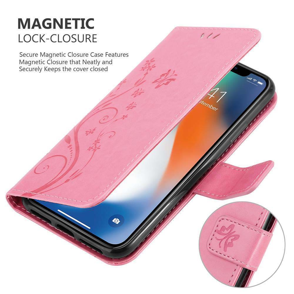 Custodia per telefono rosa con design floreale, aperta per rivelare un telefono. Chiusura magnetica e supporto.