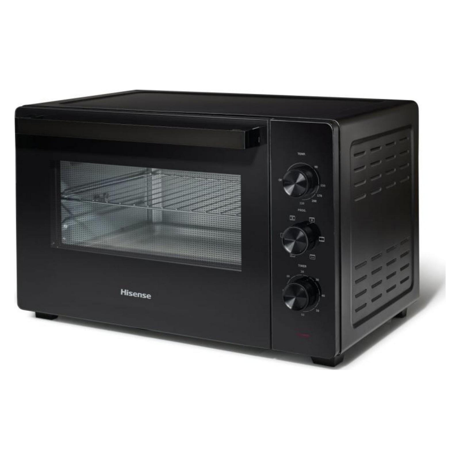 Mini forno Hisense nero su sfondo bianco, con comandi di temperatura e timer.