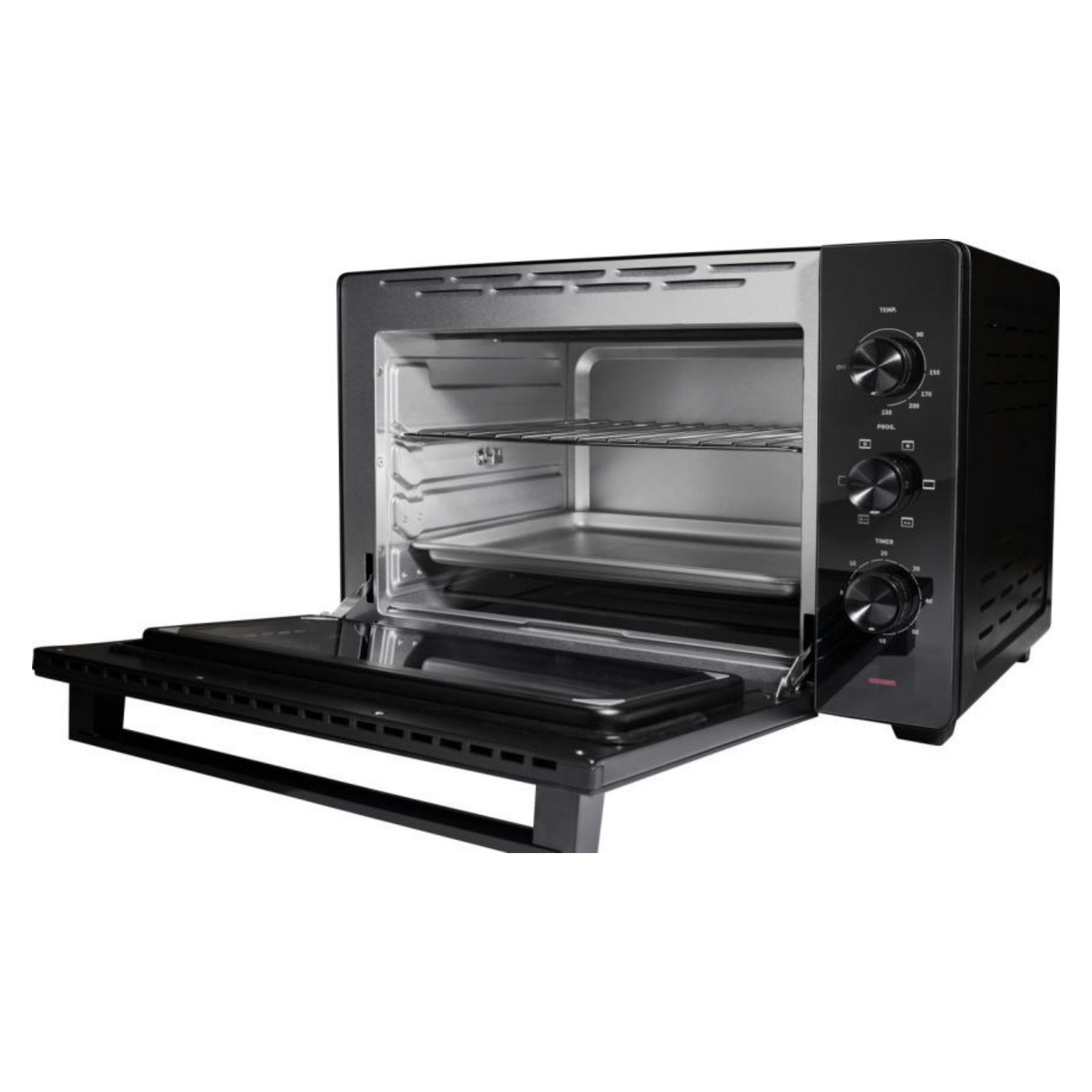 Forno tostapane nero con porta aperta e interno argentato su sfondo bianco.
