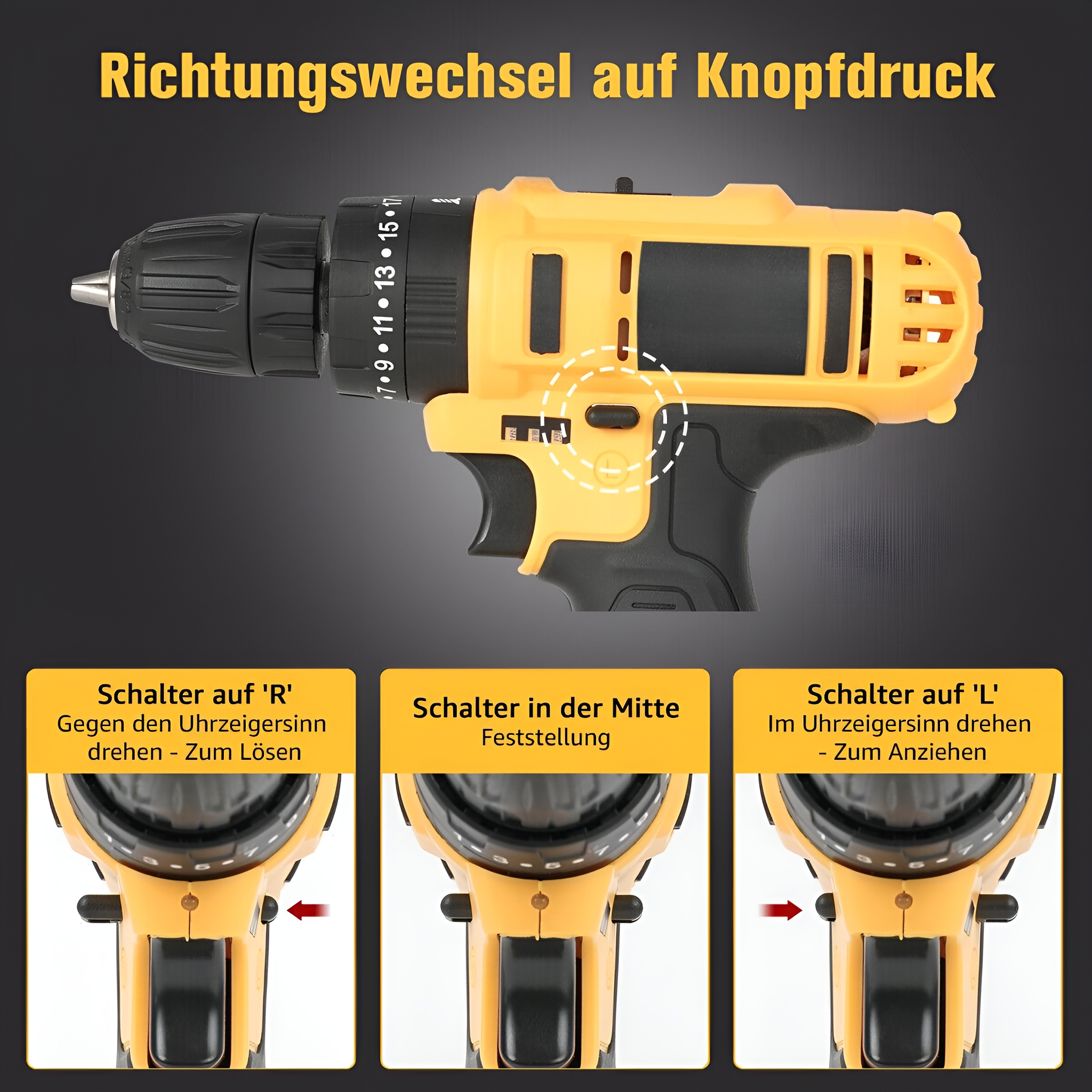 Gelb-schwarzer Bohrer mit Richtungsoptionen und Anweisungen.