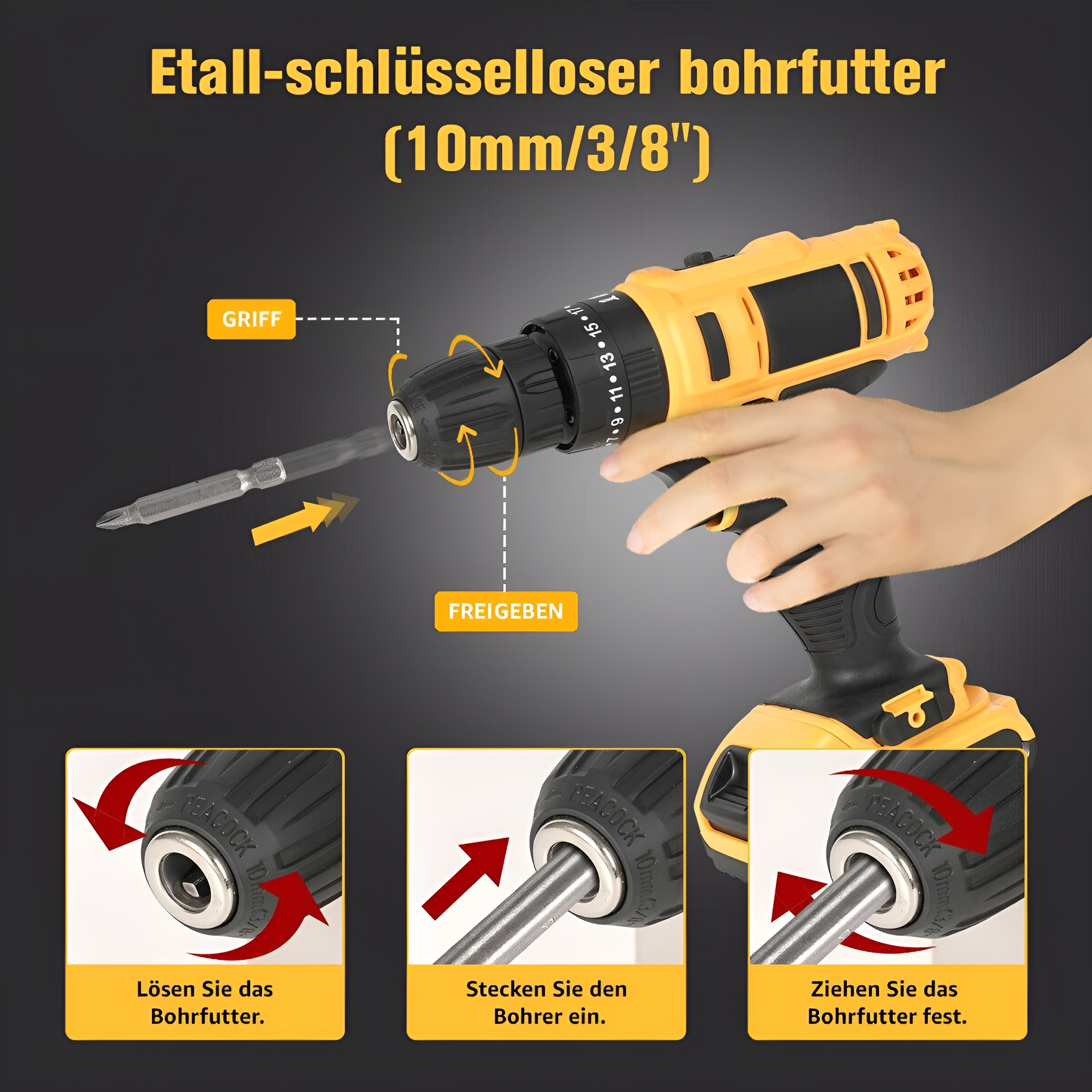 Ein gelb-schwarzer Akku-Bohrer im Gebrauch. Der Bohrer wird gewechselt.