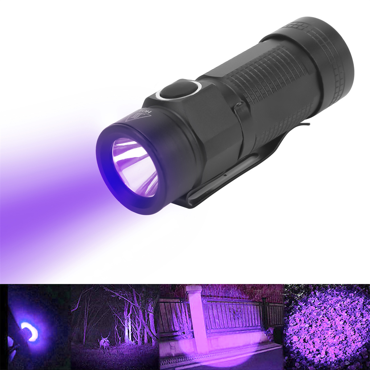 Schwarze Taschenlampe, die einen violetten Strahl aussendet. Der Strahl beleuchtet Objekte im Dunkeln.