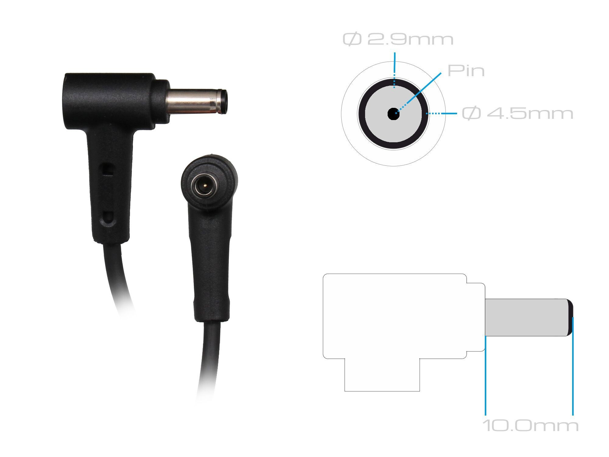 Zwei schwarze Netzadapterstecker mit dem Stiftdurchmesser und den Maßen in mm.