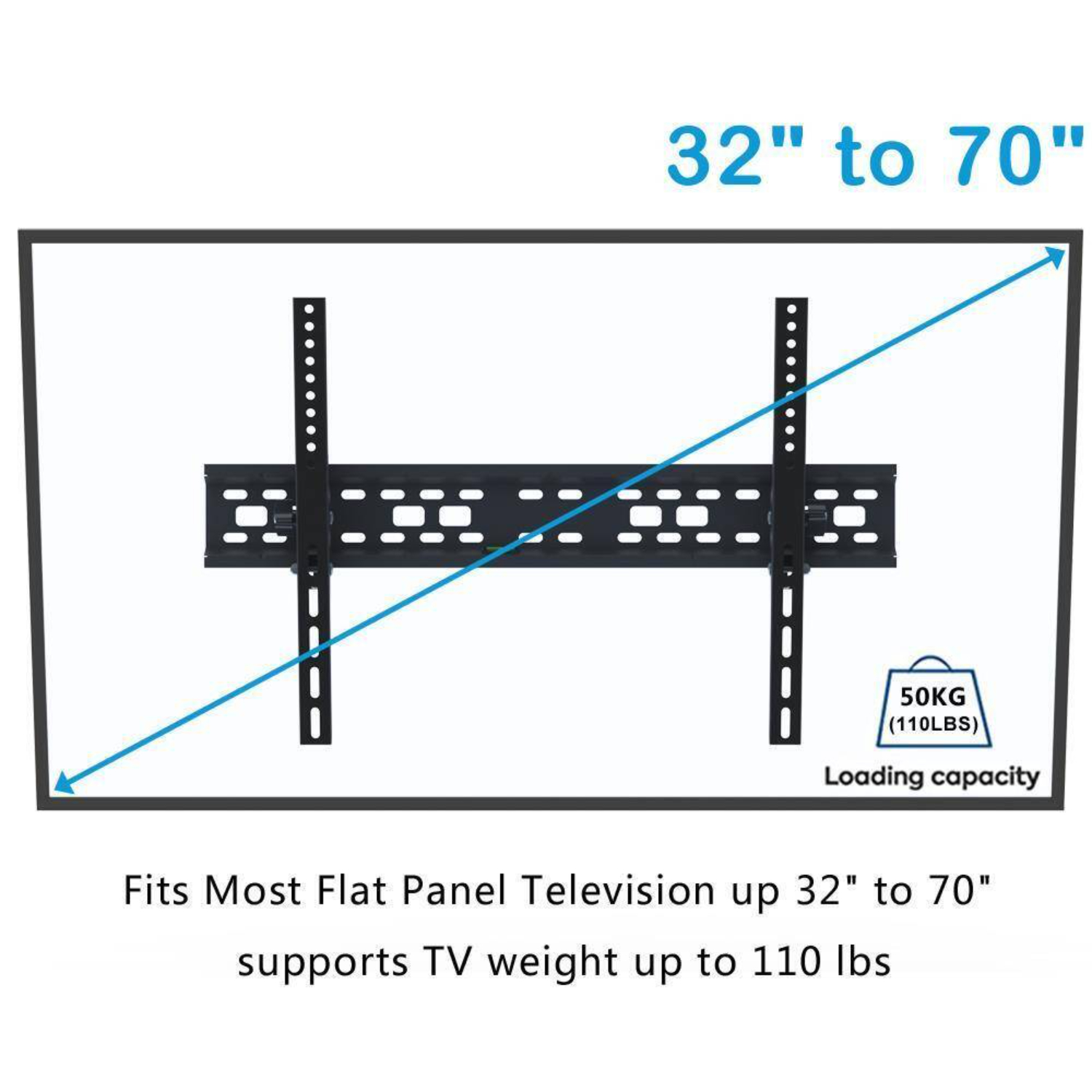 Eine schwarze TV-Halterung mit Maßen und einem 32" bis 70" TV-Unterstützungsbereich, mit Gewichtsangaben.