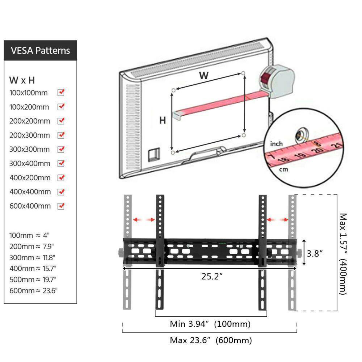 Diagramm mit VESA-Mustern und Messungen für eine TV-Halterung. Enthält Abmessungen in cm und Zoll.