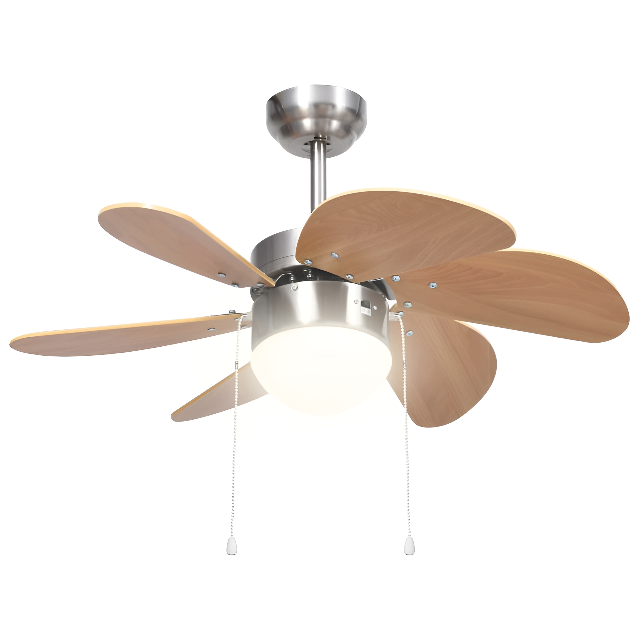 Ein Deckenventilator mit Holzflügeln und Licht. Es ist vor weißem Hintergrund platziert.