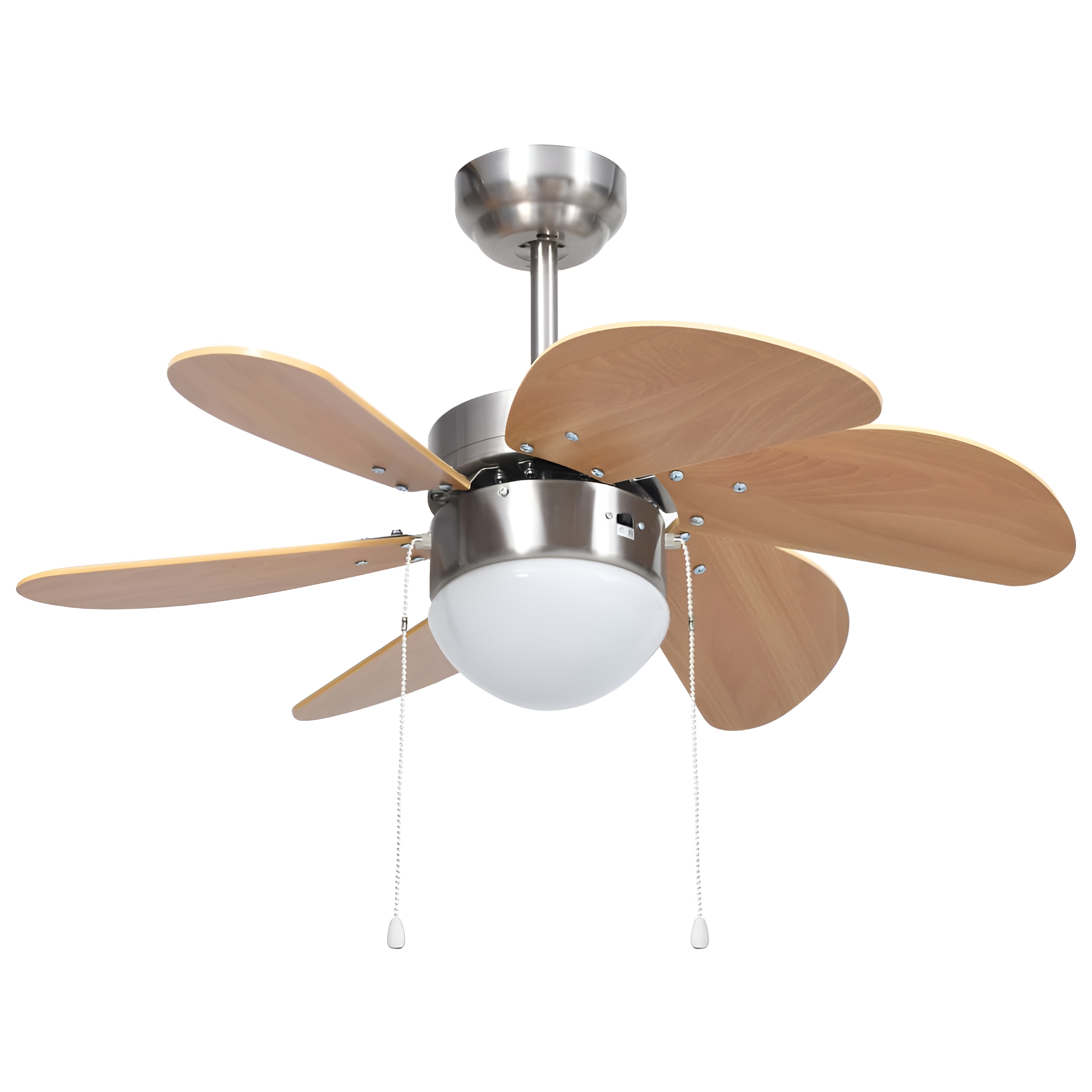 Deckenventilator mit fünf Holzblättern und einer Leuchte.