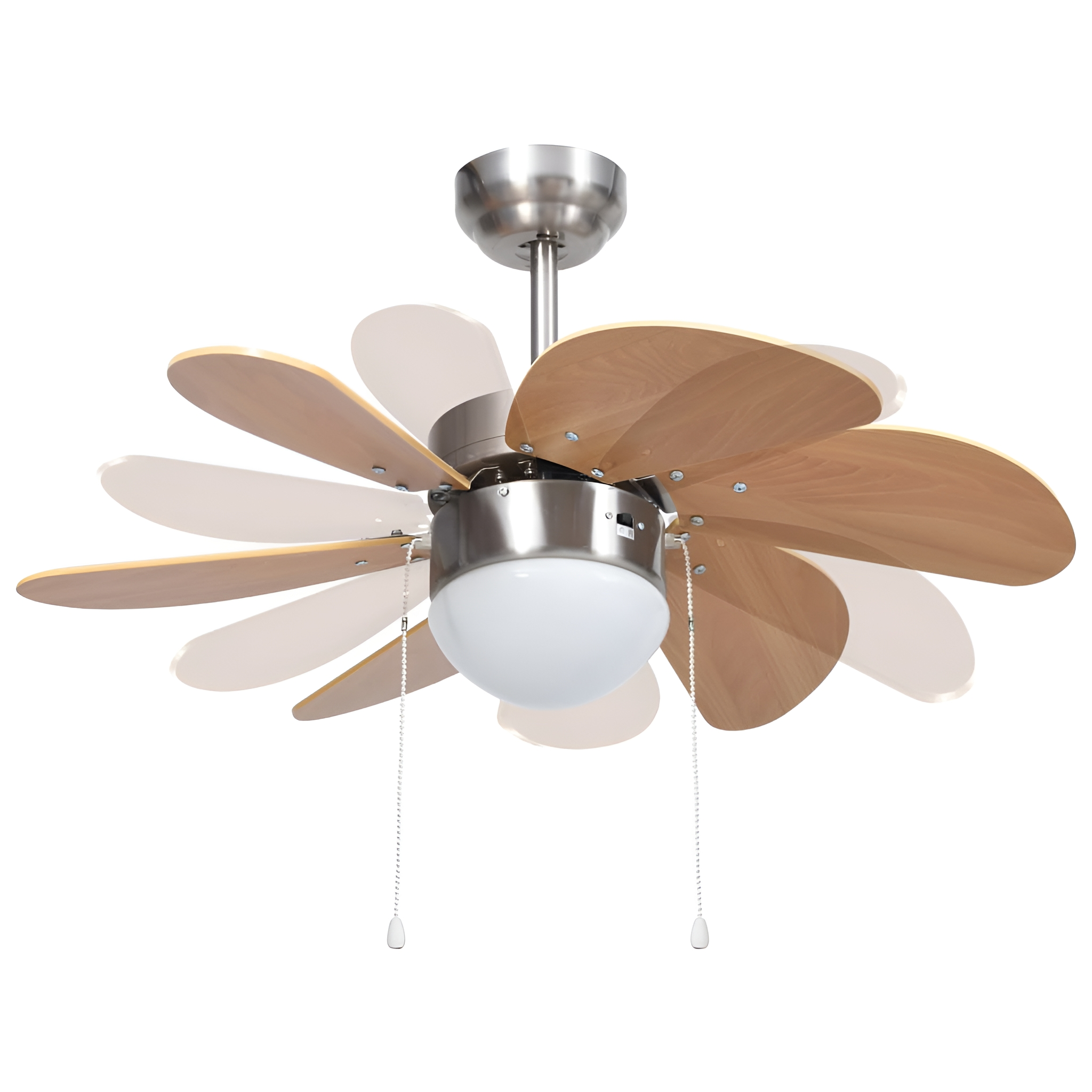 Deckenventilator mit Holzflügeln und zentralem Licht. An weißer Decke montiert.