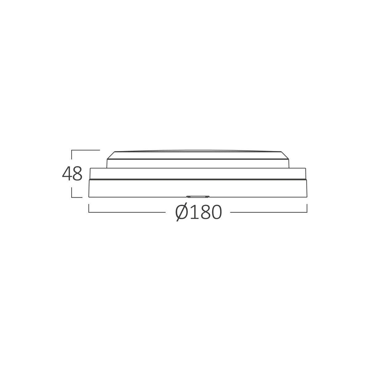 Eine weiße Umrisszeichnung einer kreisförmigen Deckenleuchte mit Abmessungen in Millimetern.