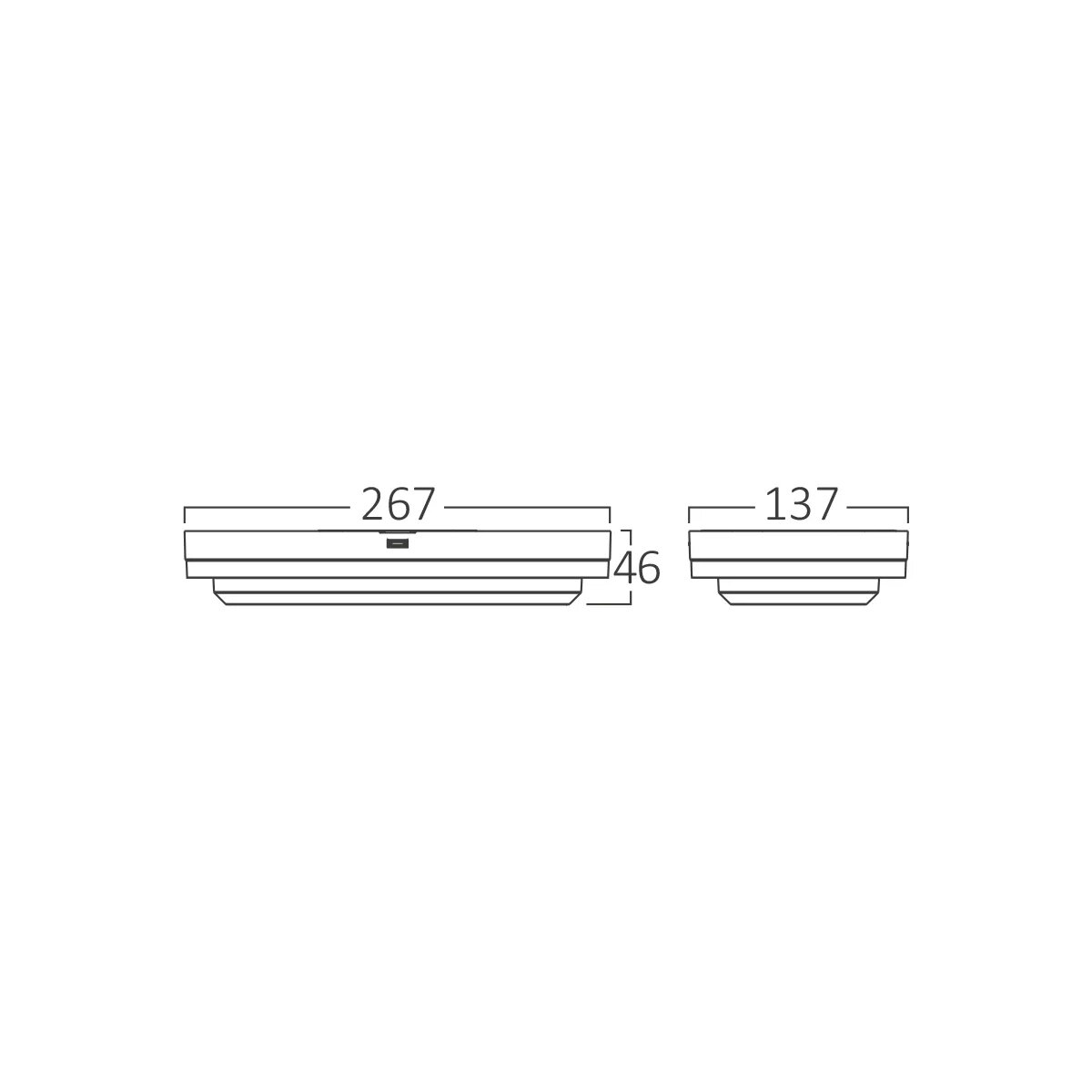 Zwei weiße rechteckige Deckenleuchten. Links: 267x46mm, rechts: 137x46mm. Beide haben horizontale Linien.