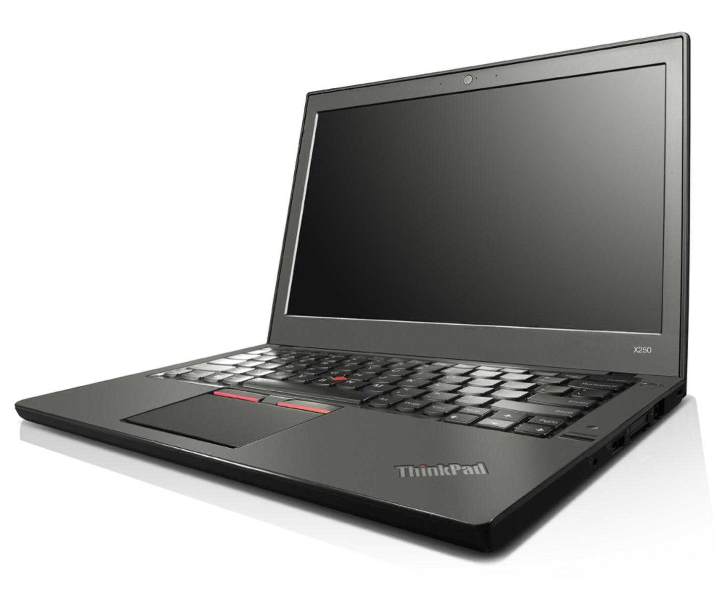 Schwarzer Laptop mit schwarzem Bildschirm. 'ThinkPad'-Logo auf der Vorderseite.