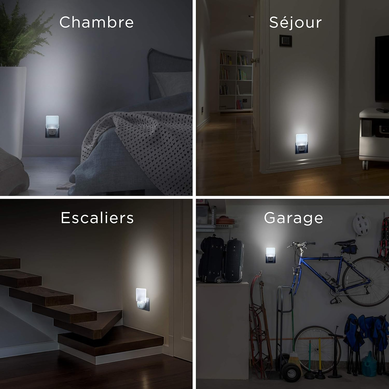 Vier Bilder mit Nachtlichtern in verschiedenen Räumen: Schlafzimmer, Wohnzimmer, Treppe und Garage.