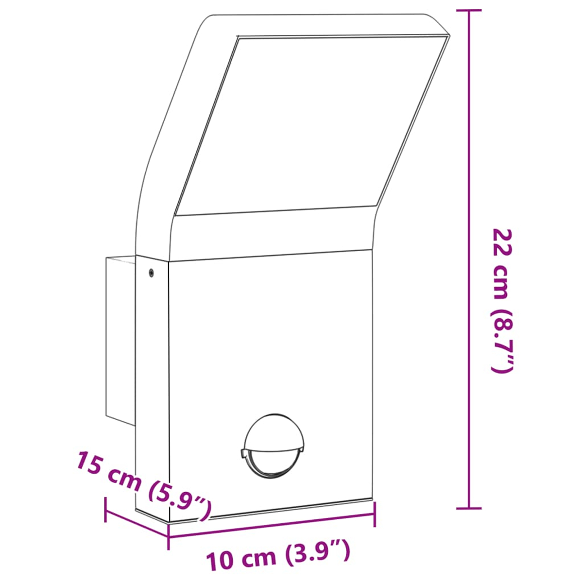 Weiße und graue Außenleuchte mit Maßen: 22 cm hoch, 10 cm breit, 15 cm tief.