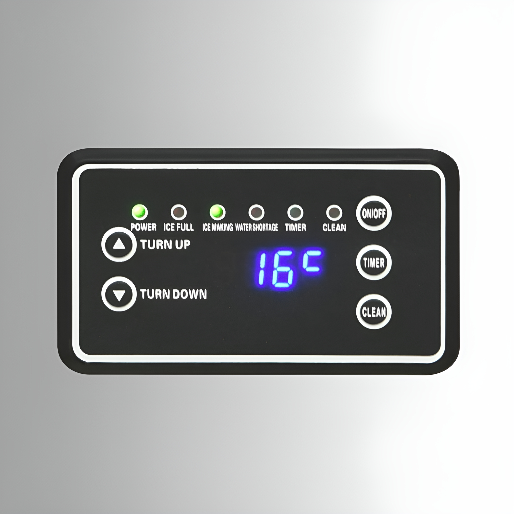 Bedienfeld für ein Gerät mit LED-Anzeigen und Tasten. Zeigt eine Temperatur von 16°C an.