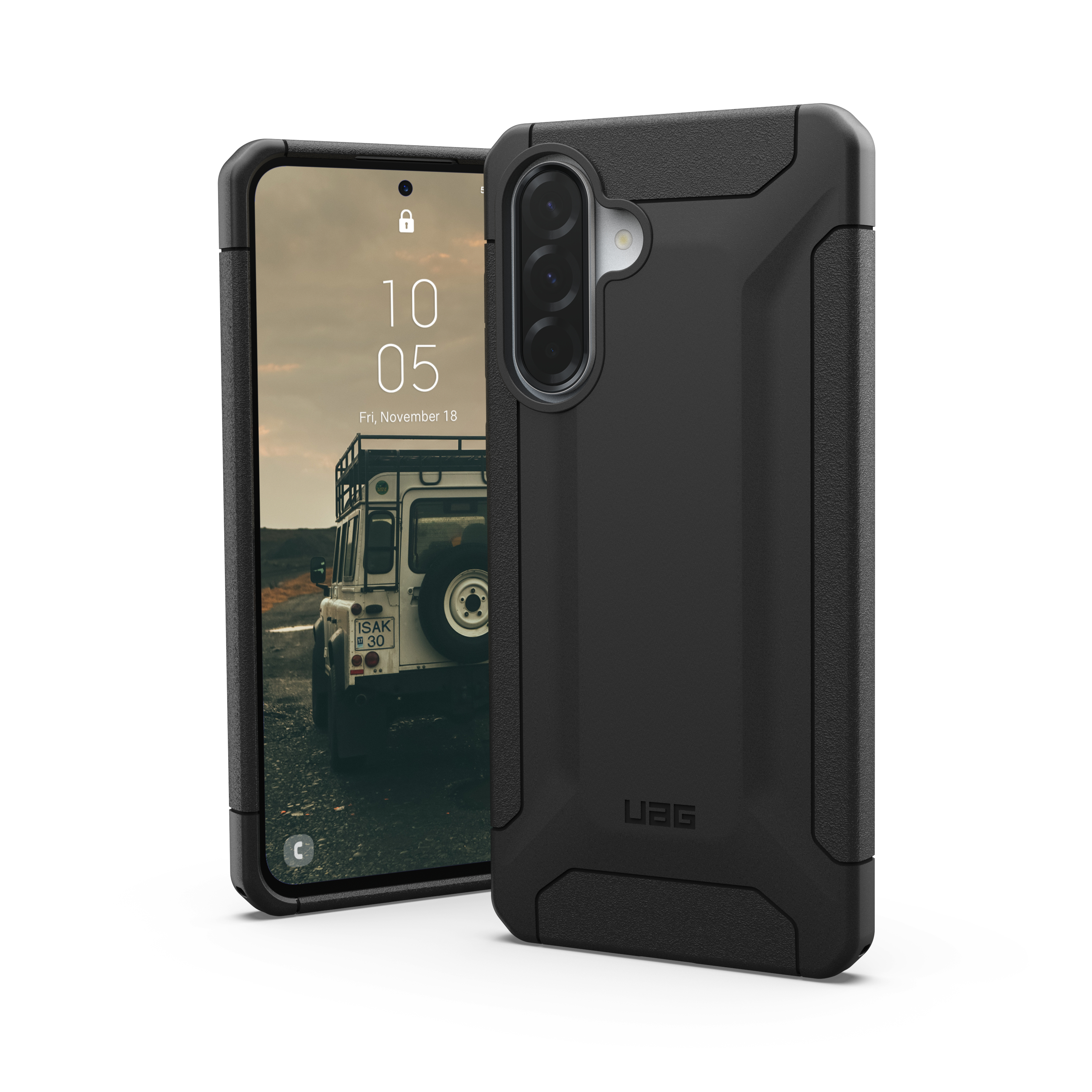 Eine schwarze Handyhülle auf einem Telefon. Ein Bild eines Autos im Hintergrund.