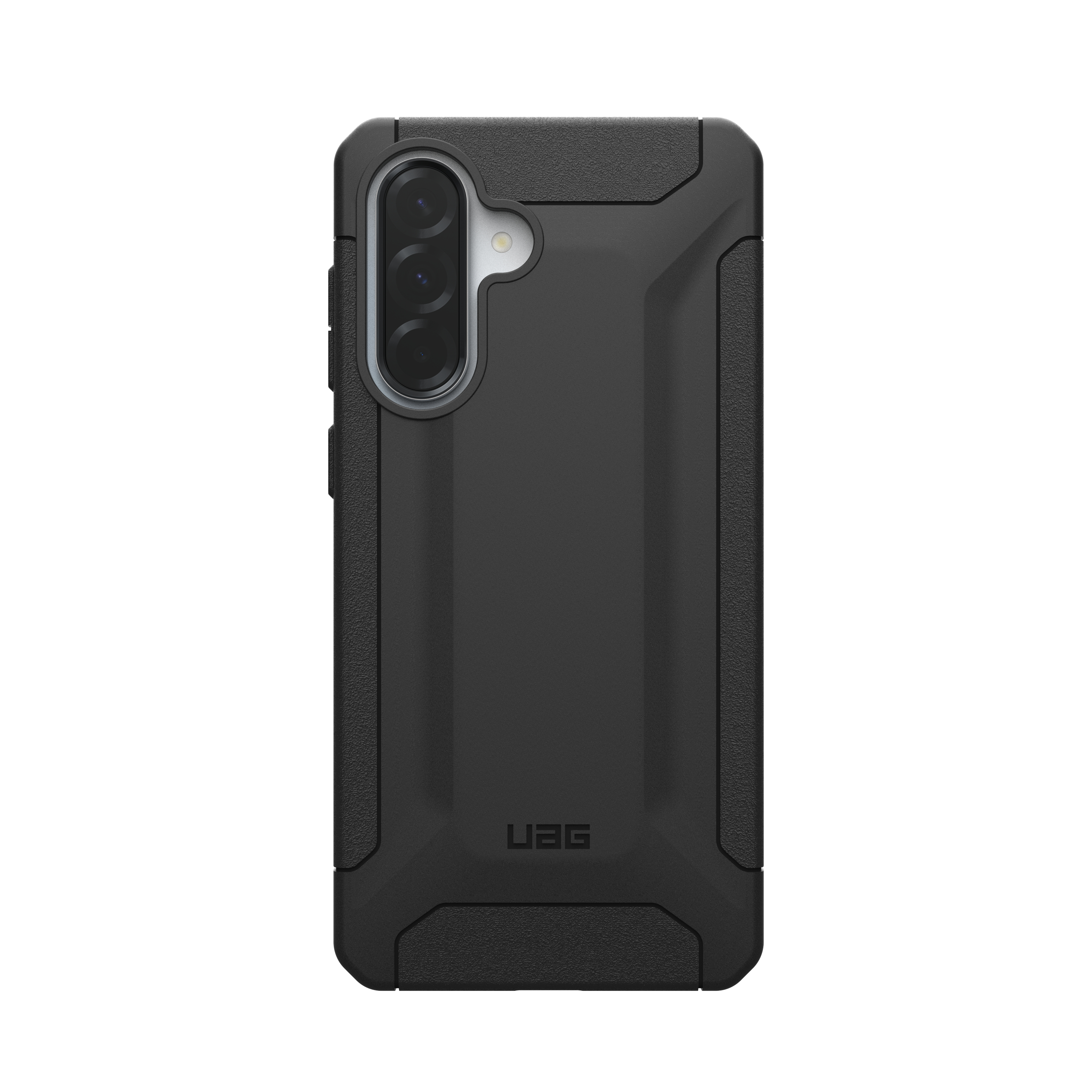Eine schwarze Handyhülle auf weißem Hintergrund, mit Kamera und Knöpfen sichtbar. Die Marke UAG ist gezeigt.