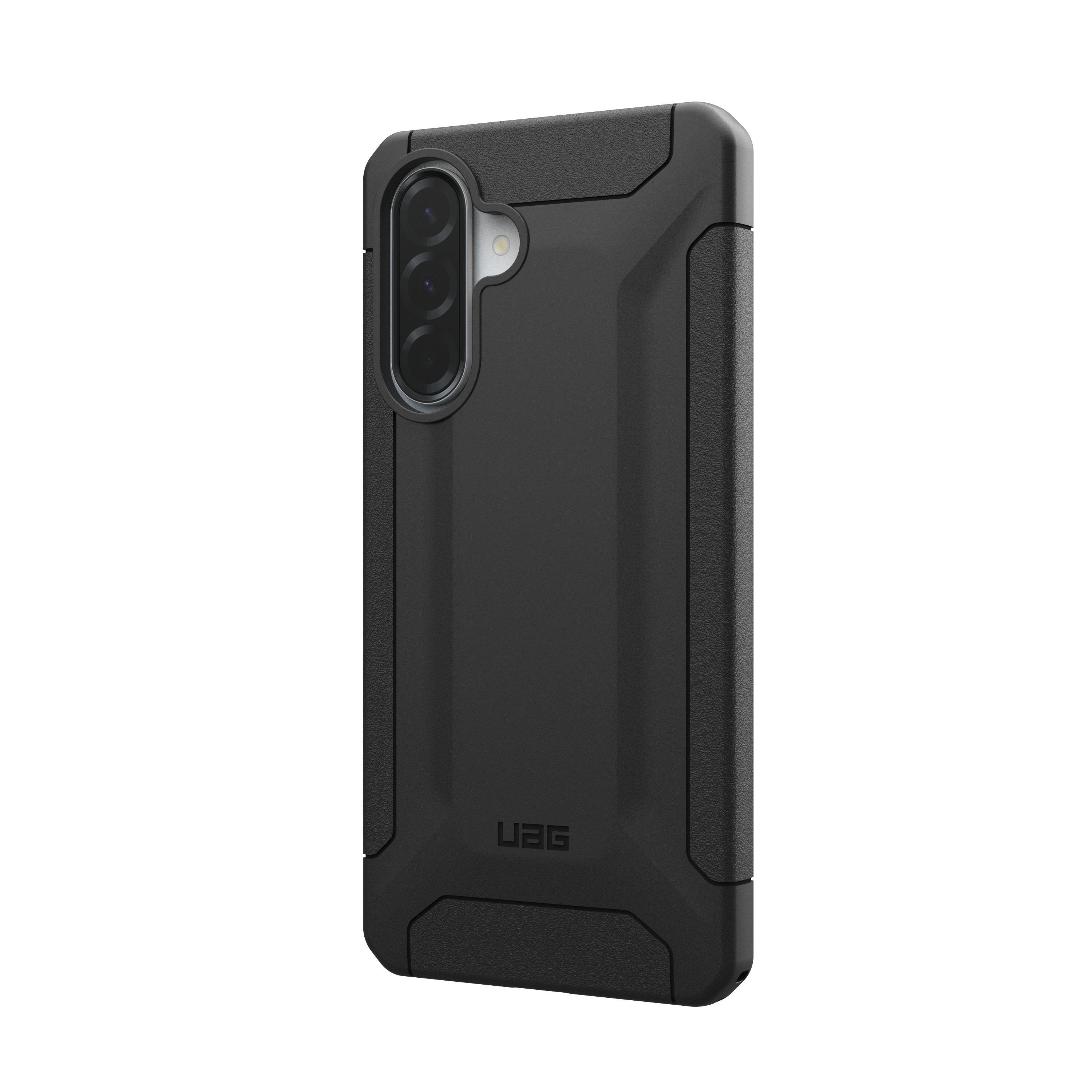 Schwarze Handyhülle mit Kameraausschnitt. UAG-Logo unten, vor weißem Hintergrund.