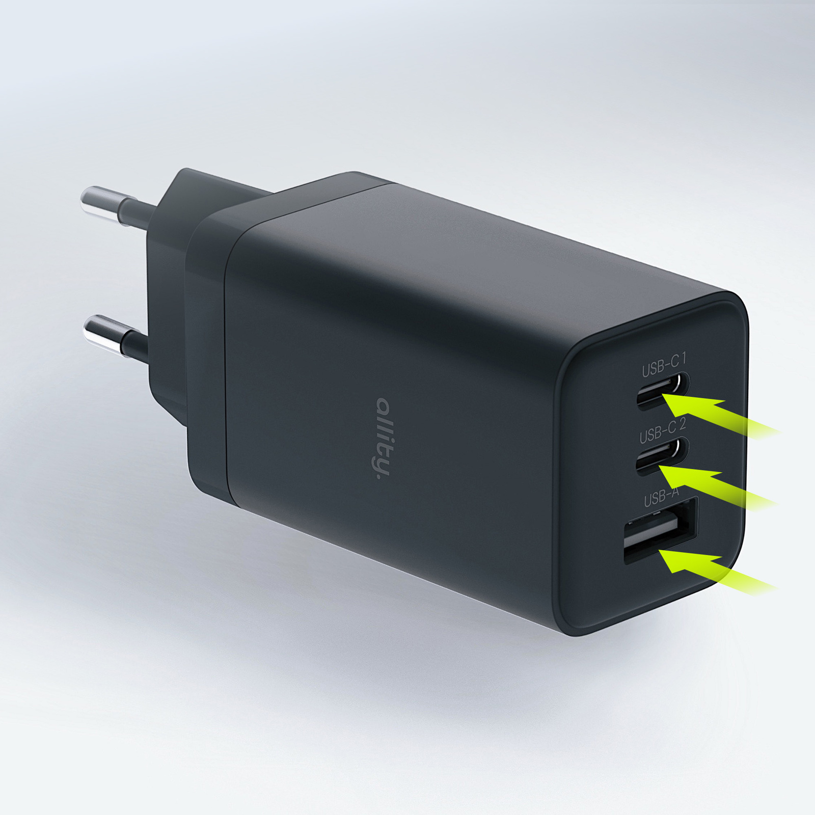 Czarna ładowarka z trzema portami USB i zielonymi strzałkami wskazującymi na porty.
