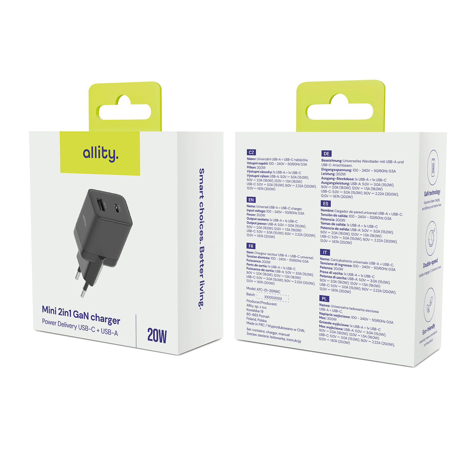 Dwa biało-czarne pudełka ładowarki z tekstem, na białej powierzchni, pokazujące szczegóły produktu.