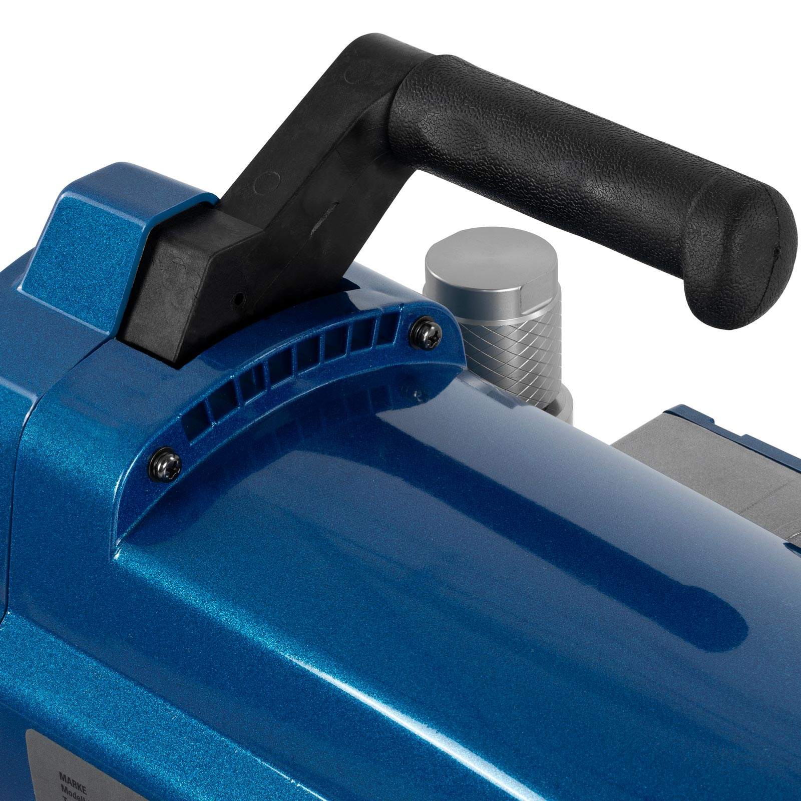 Blaues Elektrowerkzeug mit schwarzem Griff und silbernen Akzenten. Nahaufnahme.