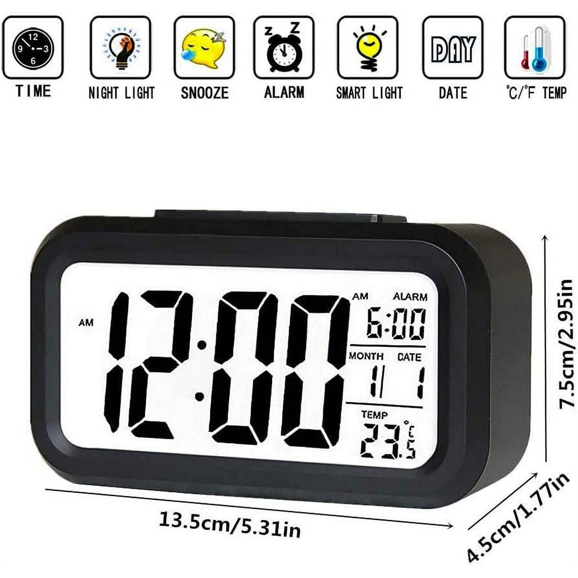 Schwarze Digitaluhr, zeigt Zeit und Temperatur, mit Symbolen oben.