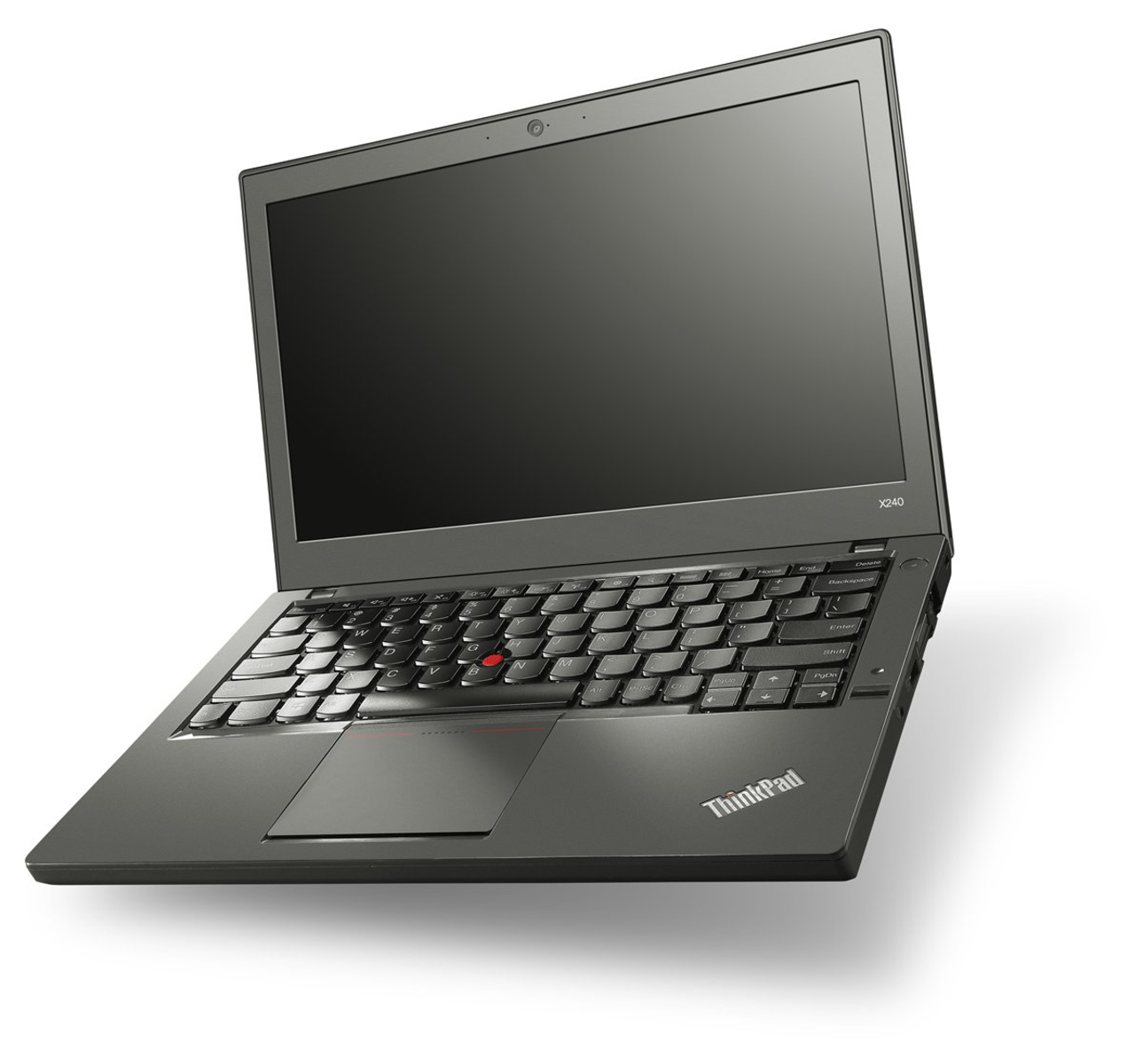Laptop-Computer, grau, offen auf einer weißen Oberfläche. Tastatur sichtbar, Schatten darunter.