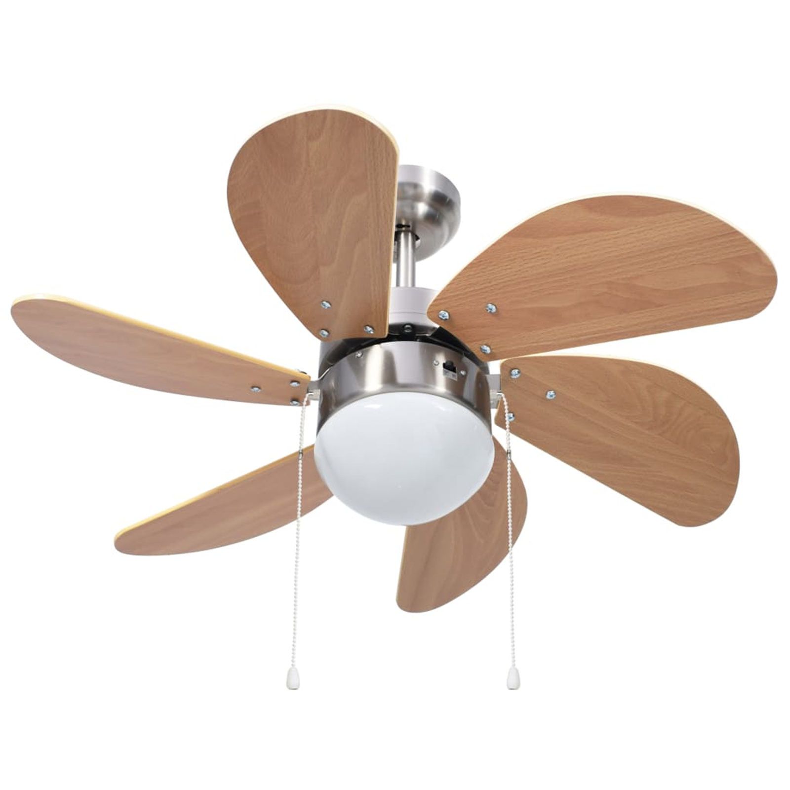 Deckenventilator mit fünf Holzflügeln und einer Leuchte in der Mitte.