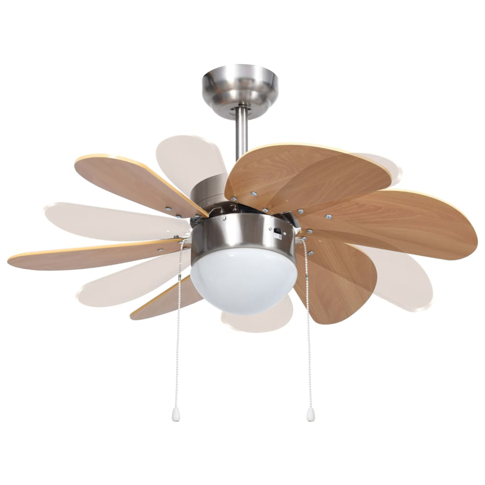 Ein Deckenventilator mit Holzflügeln und einer zentralen Leuchte.