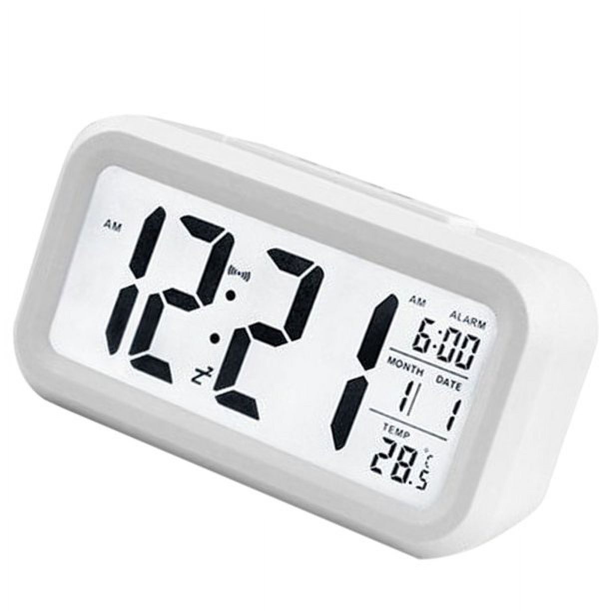 Weißer digitaler Wecker mit Anzeige 12:21 Uhr, Alarm auf 6:00 Uhr, Datum 11.1. und 28,5 Grad.