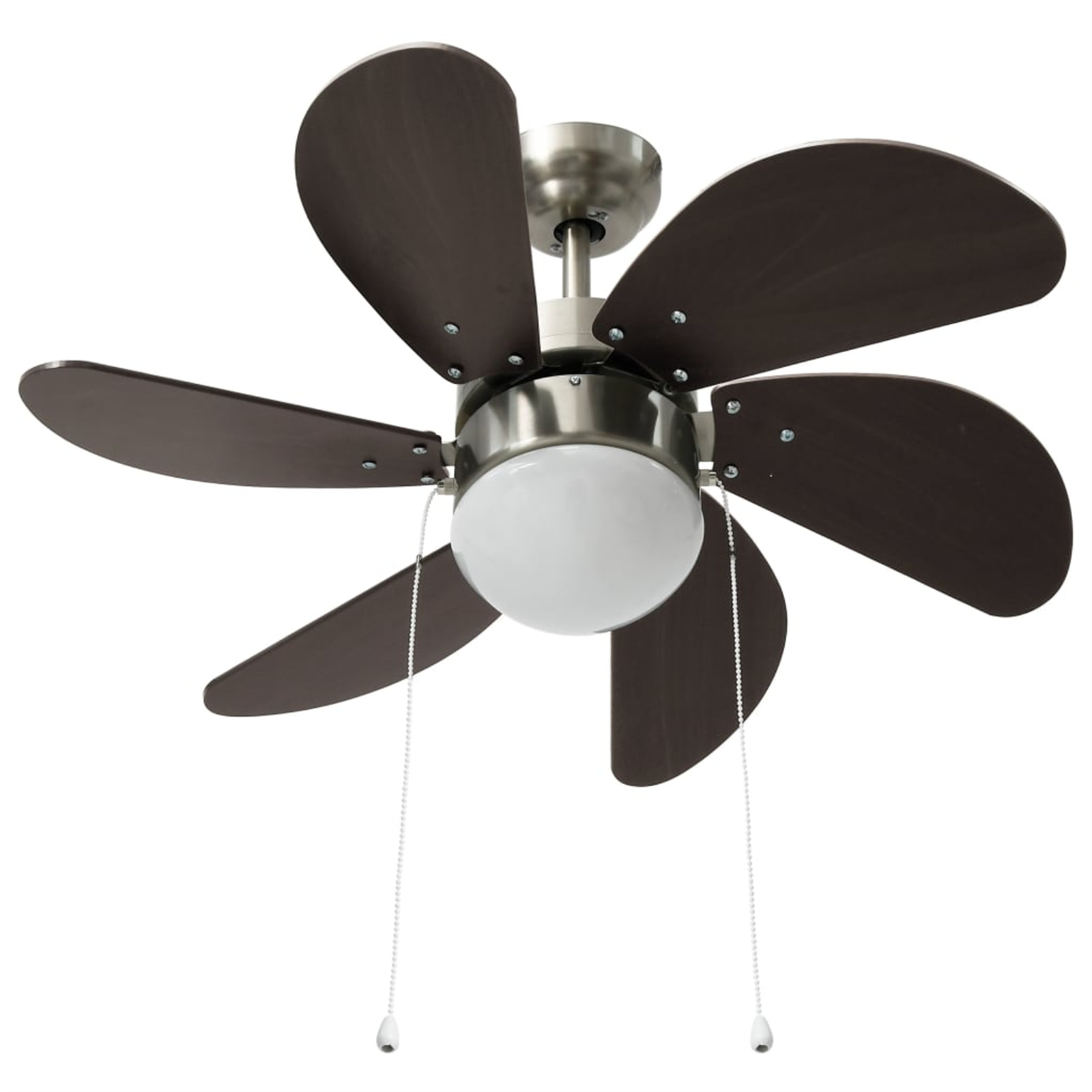 Deckenventilator mit sechs dunkelbraunen Flügeln, silbernem Motorgehäuse und zentralem Licht, isoliert auf Weiß.