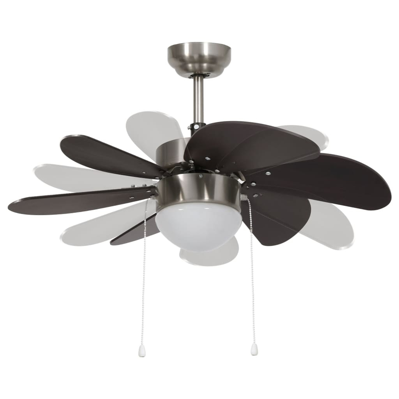 Deckenventilator mit mehreren braunen und weißen Flügeln. Der Ventilator hat eine Leuchte in der Mitte.
