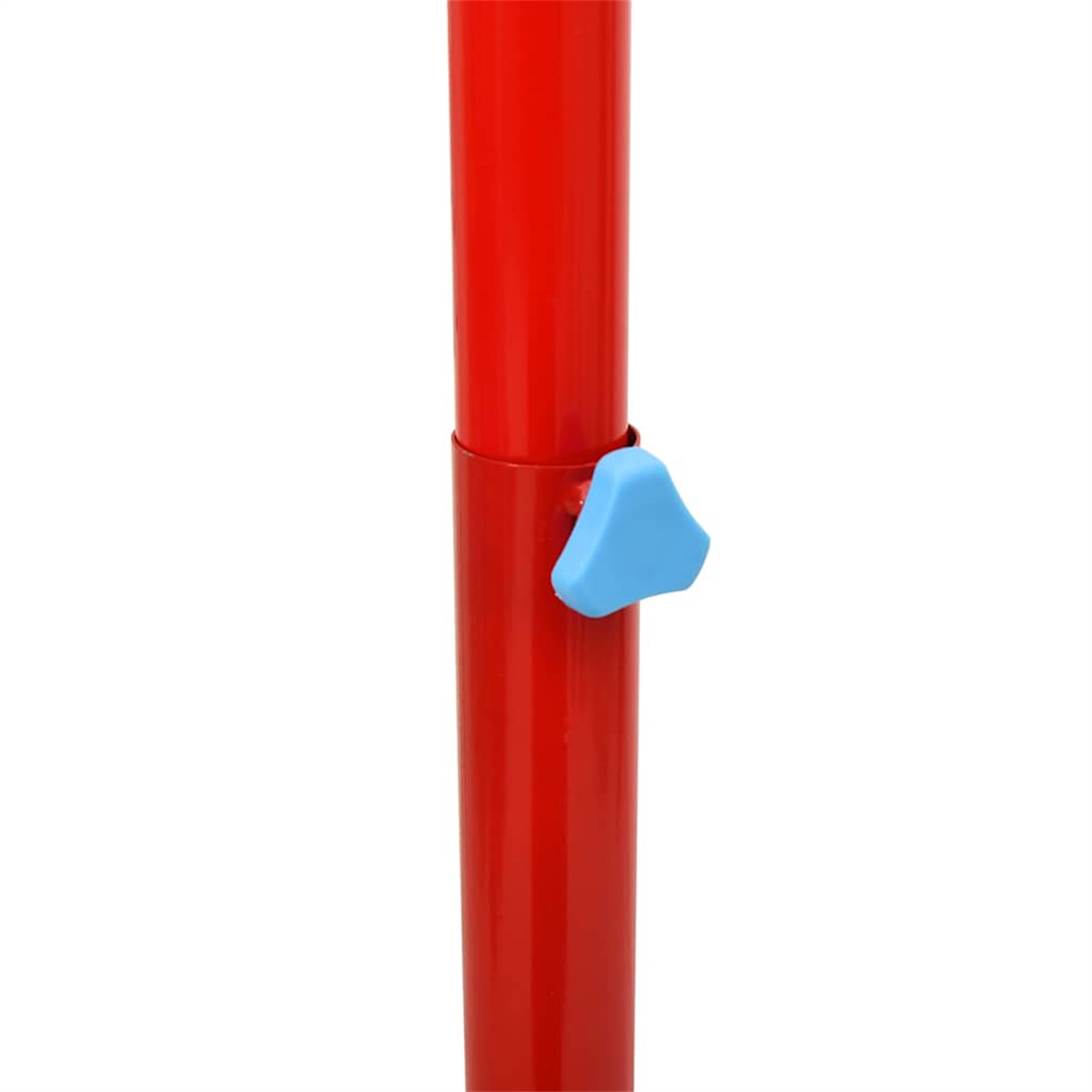 Eine rote, verstellbare Stange mit einem blauen Einstellknopf. Die Stange ist glänzend und vertikal.